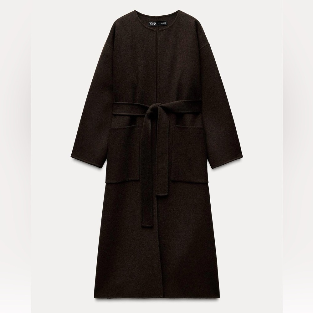 Zara Dark Brown Long Belted Wool Coat